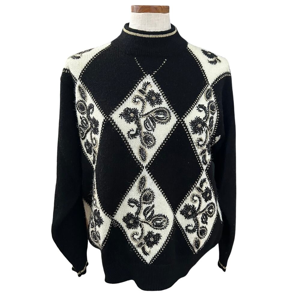 Vintage Alfred Dunner 80s Beaded Argyle Knit Sweater PL Black White Gold Paisley